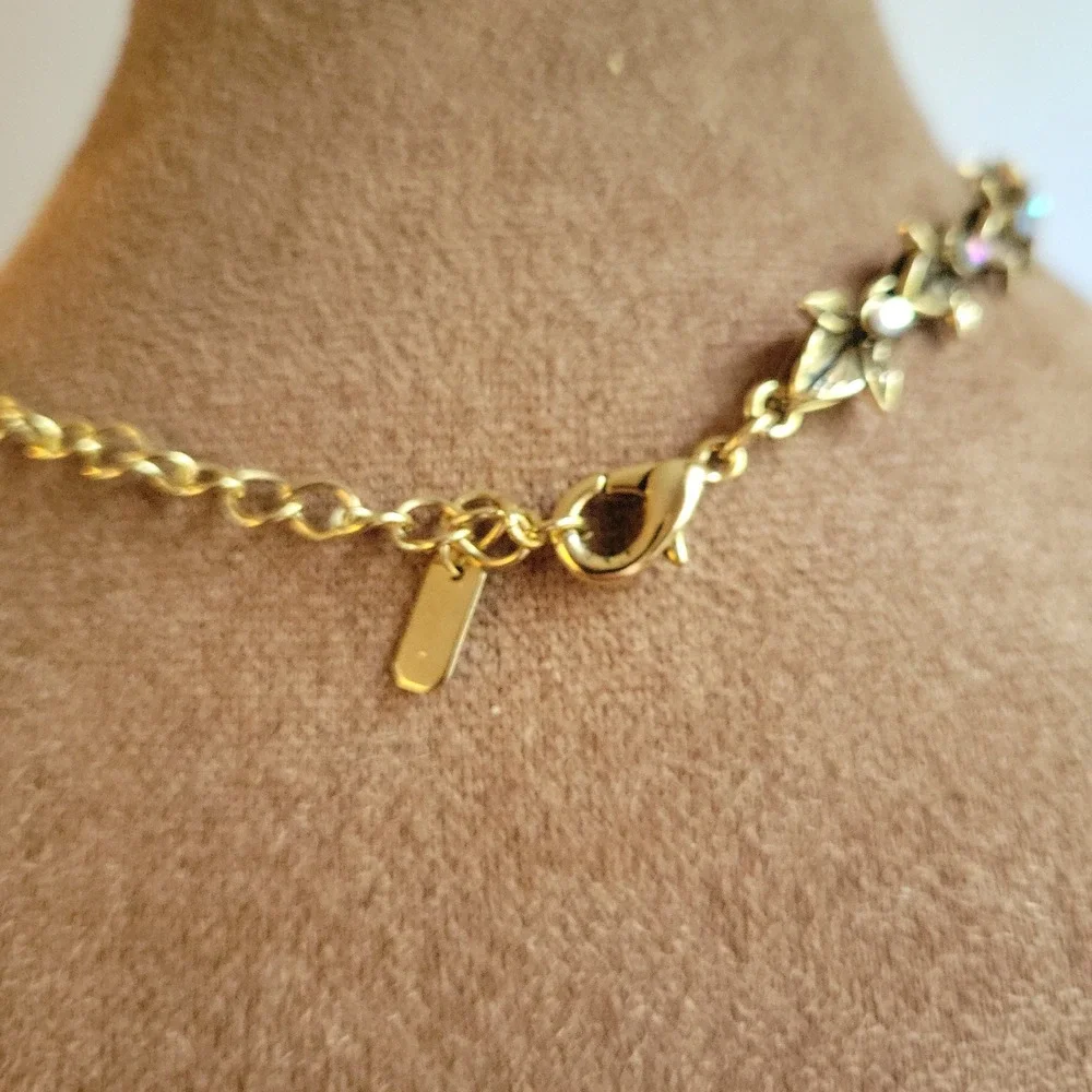 Vintage Style Gold Tone AB Rhinestone Floral Leaf Necklace 15 Inch Cottagecore